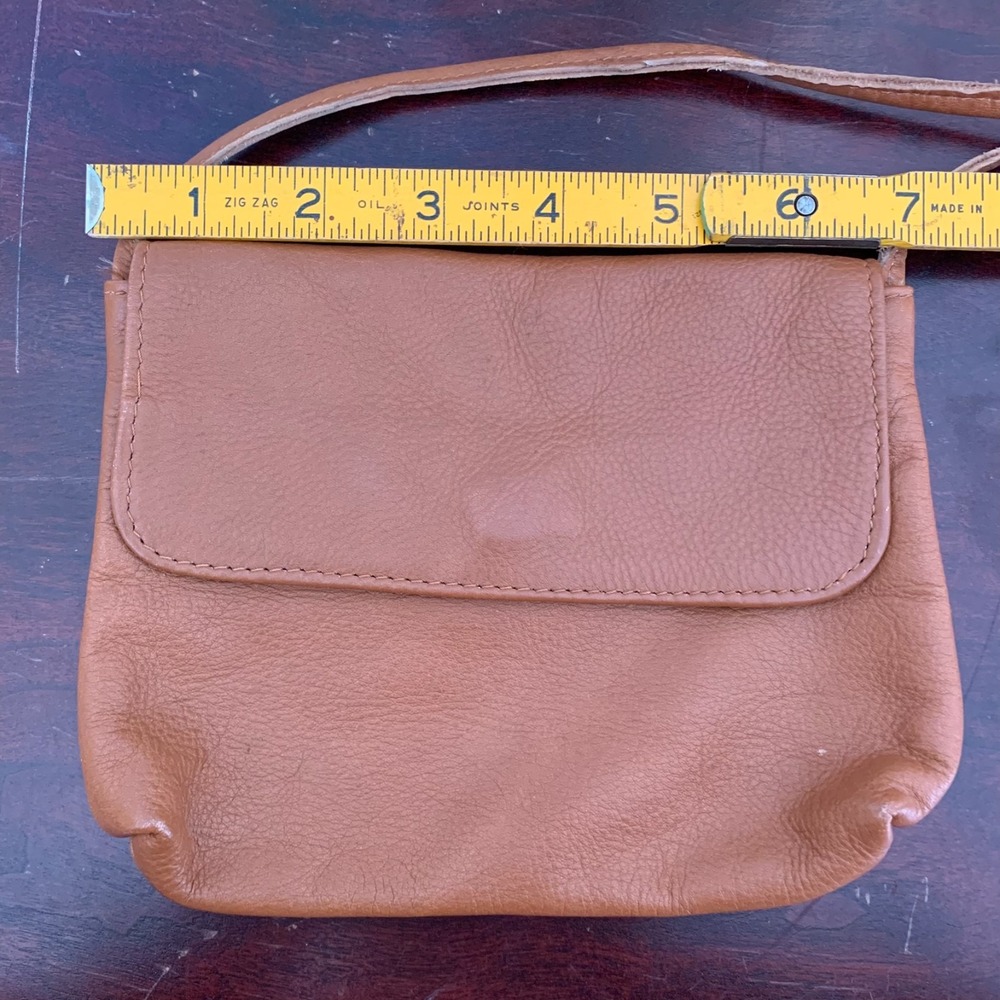Vintage Tan Leather Small Crossbody Bag Flap Snap Closure Minimalist